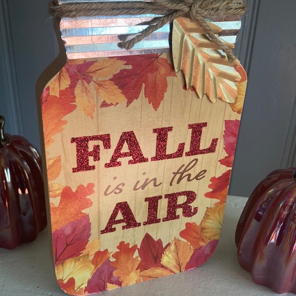 🆕2 Cranberry Pearl Porcelain Pumpkins & Fall Is In The Air Wood Mason Jar Sign - Picture 14 of 17